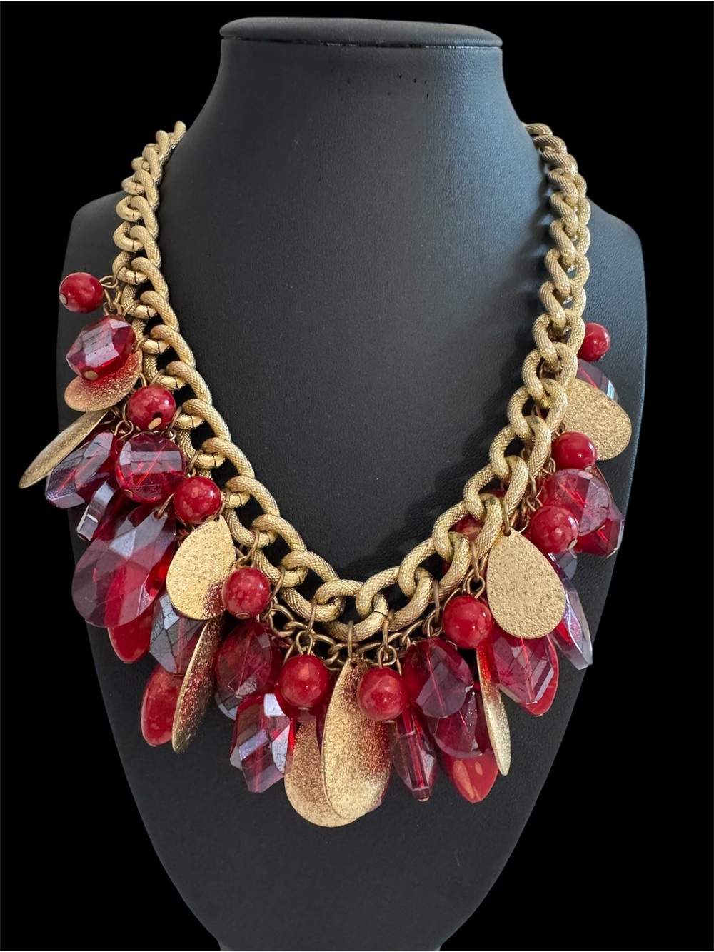 Gold Chain Statement Necklace with Red Gem Drops